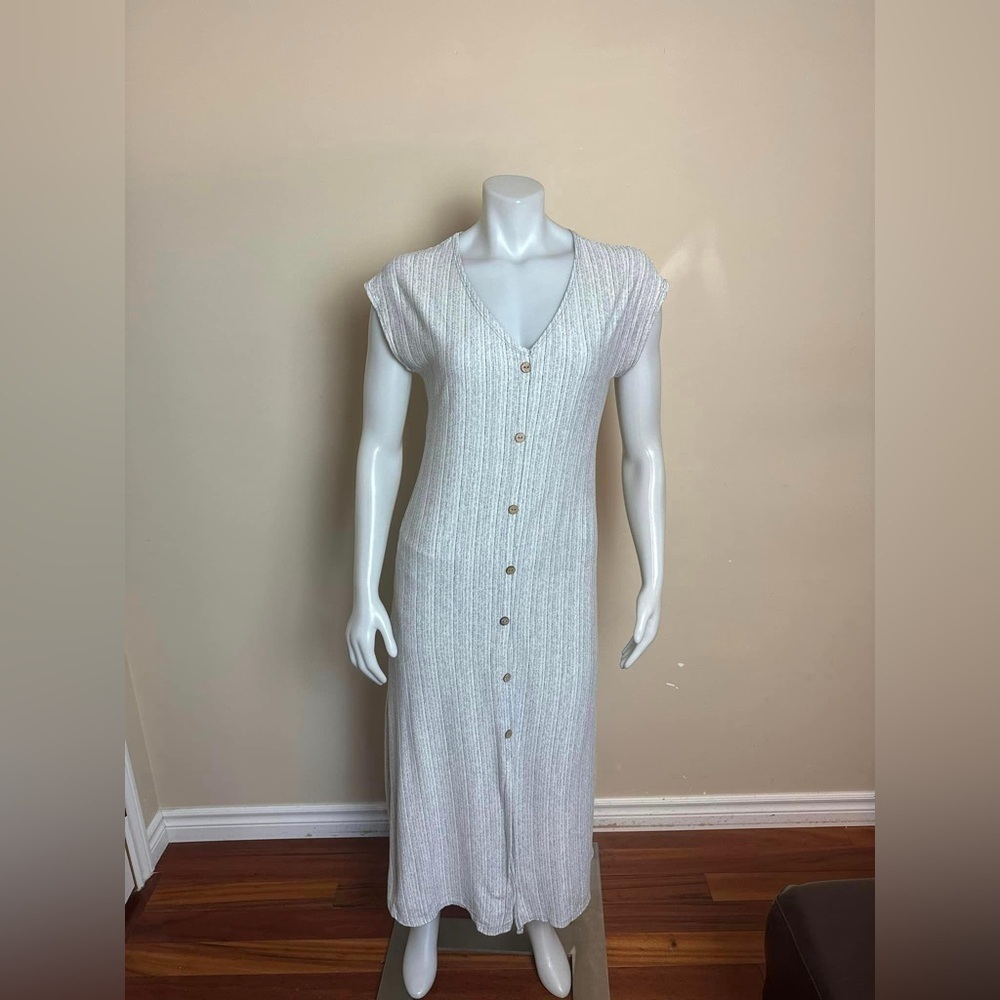 Caution to the Wind - Grey Stripe dress. Small - p2p is 18".